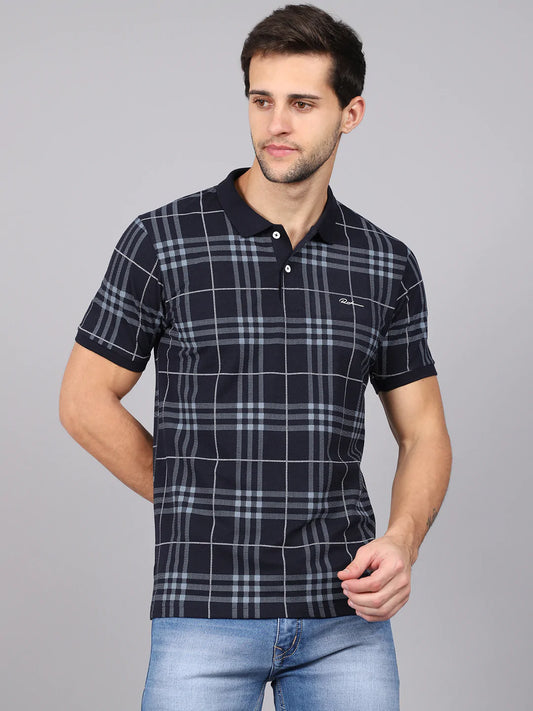 Men Blue Checked Polo Collar Slim Fit T-shirt