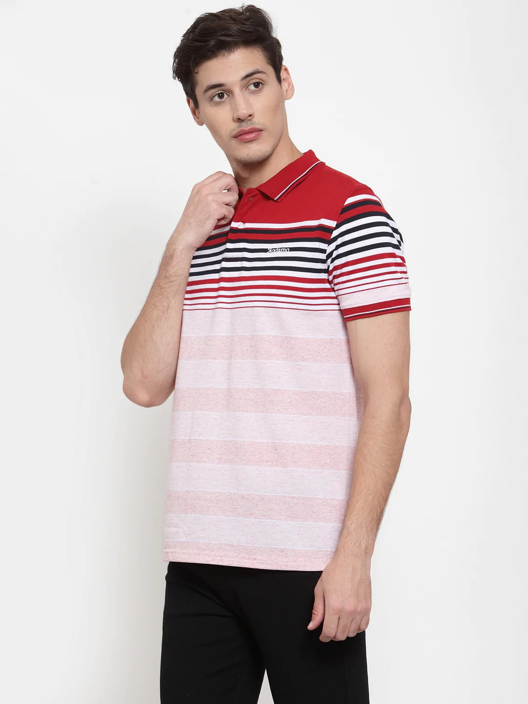 Men Red  Pink Striped Polo Collar T-shirt