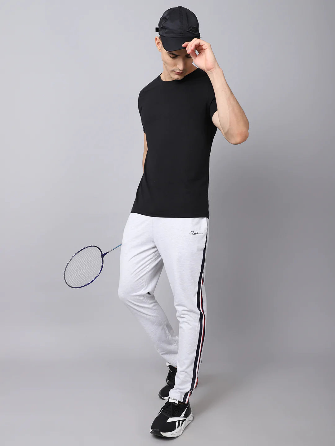 Men Grey Striped Slim-Fit Cotton Track Pants