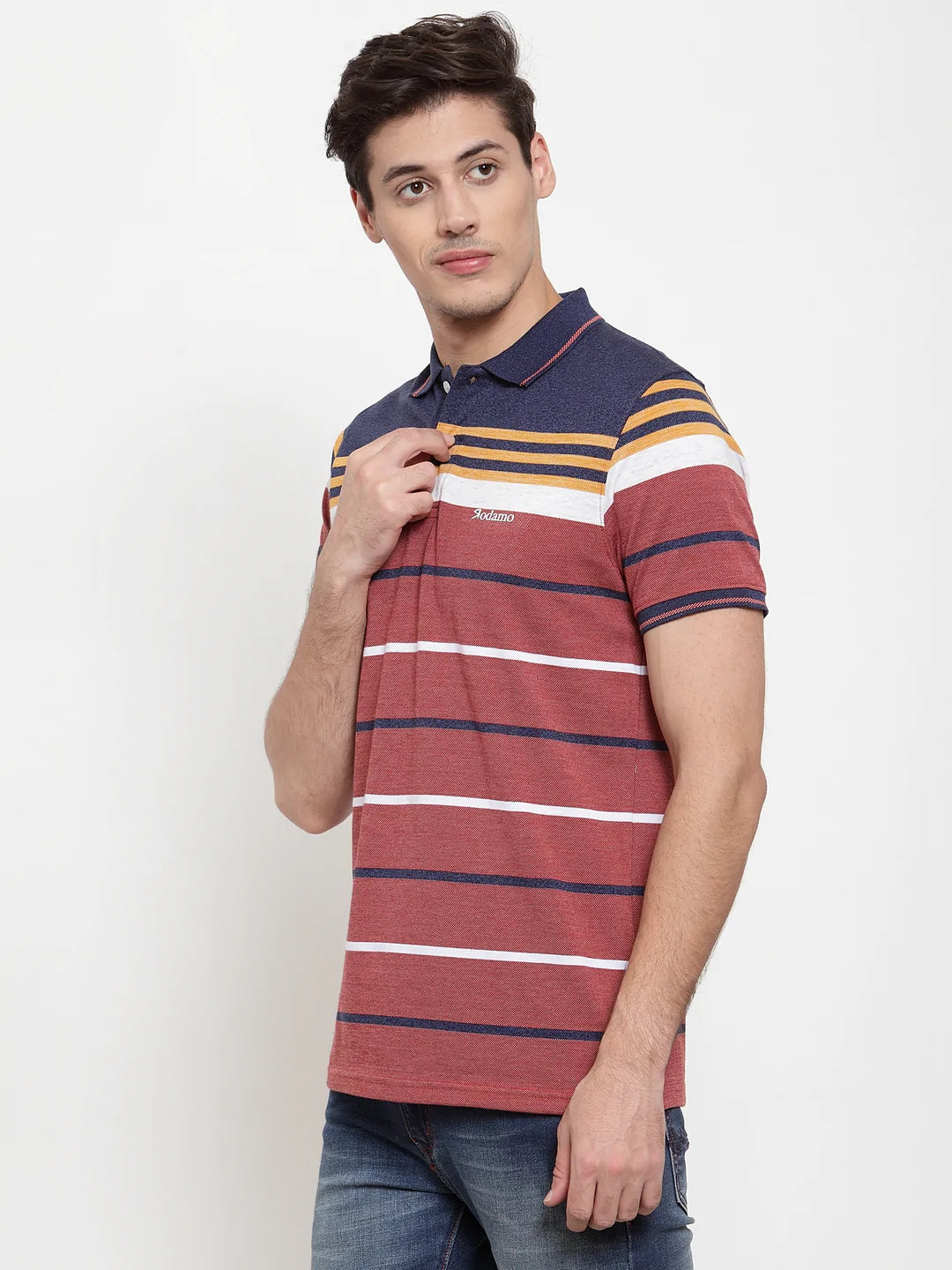 Men Rust Red Striped Polo Collar T-shirt