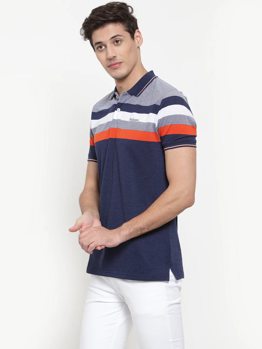 Men Navy Blue Striped Polo Collar T-shirt