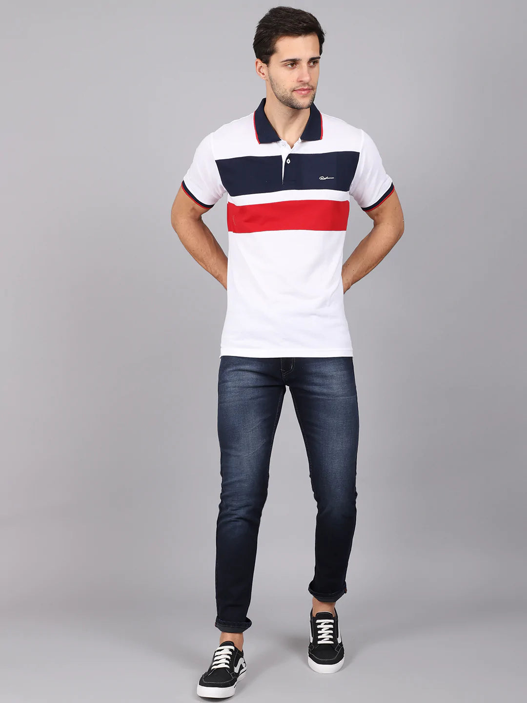 Men White  Navy Blue Striped Polo Collar Slim Fit T-shirt
