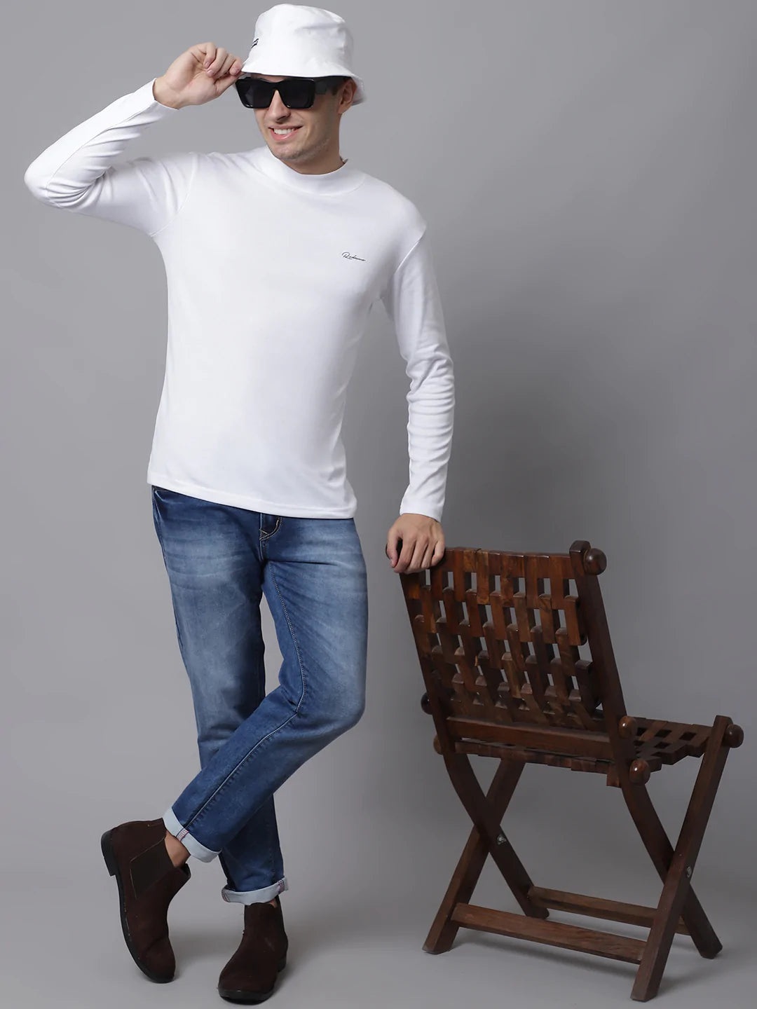 Men White High Neck Slim Fit Cotton T-shirt
