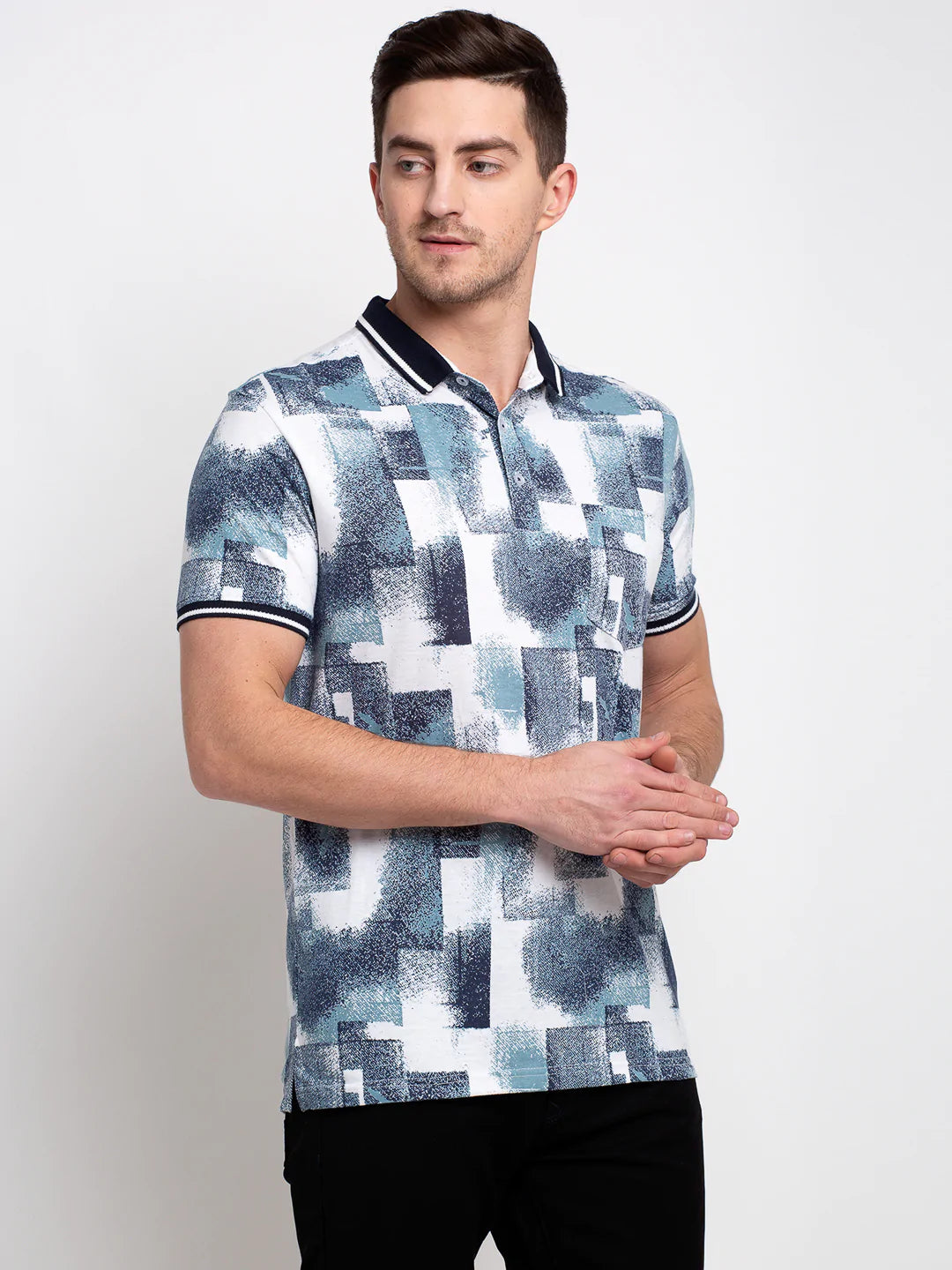 Men White Printed Polo Collar T-shirt