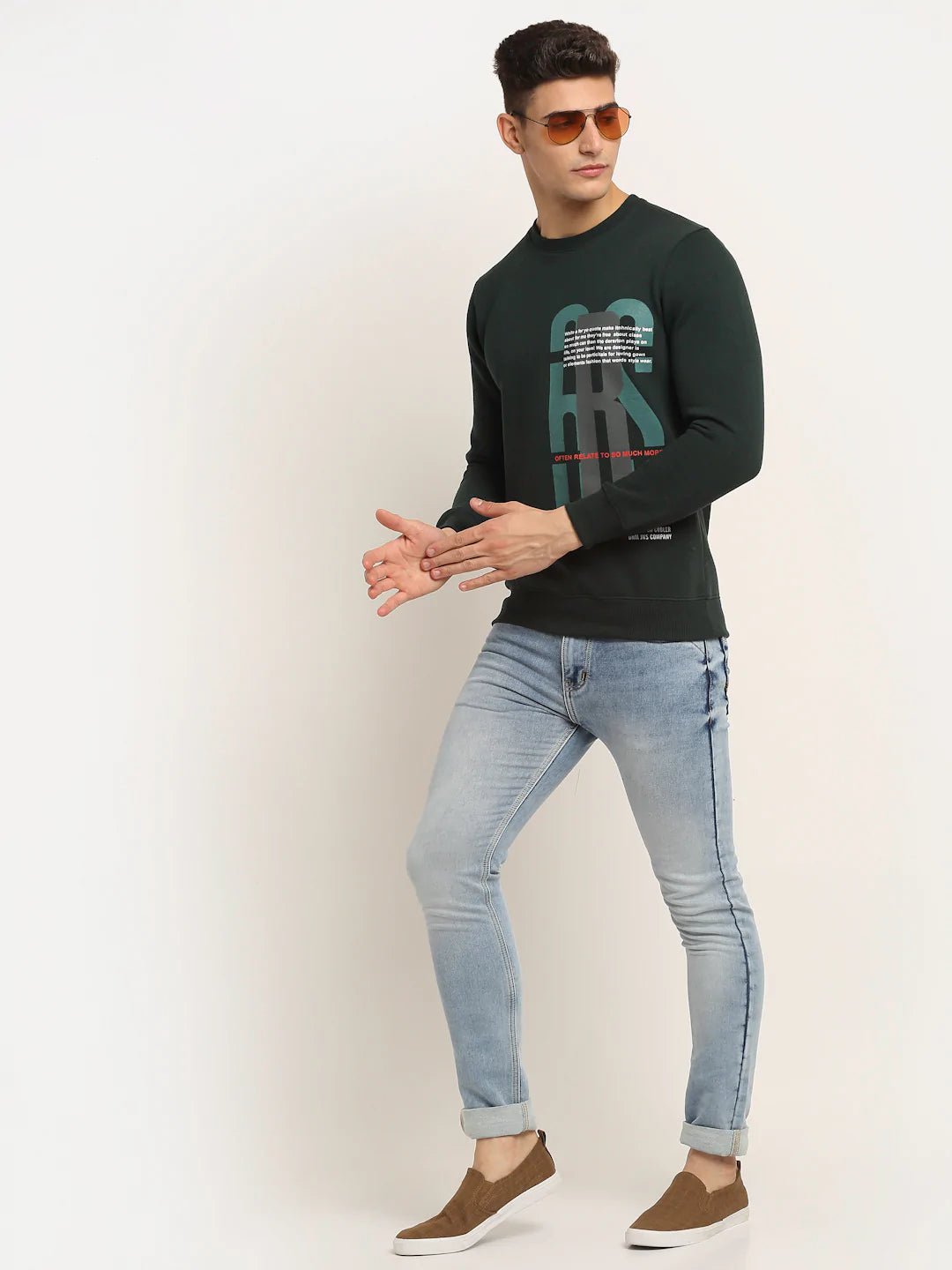 Men Green Fleece Printed Sweatshirt