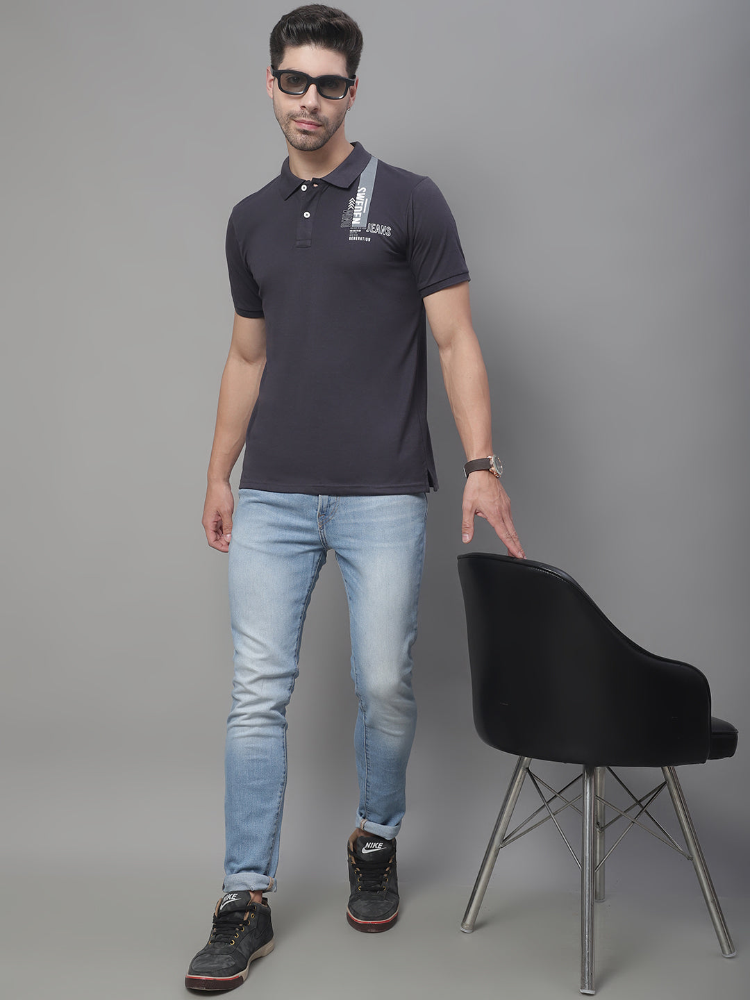 Men Typography Printed Polo Collar Slim Fit T-shirt