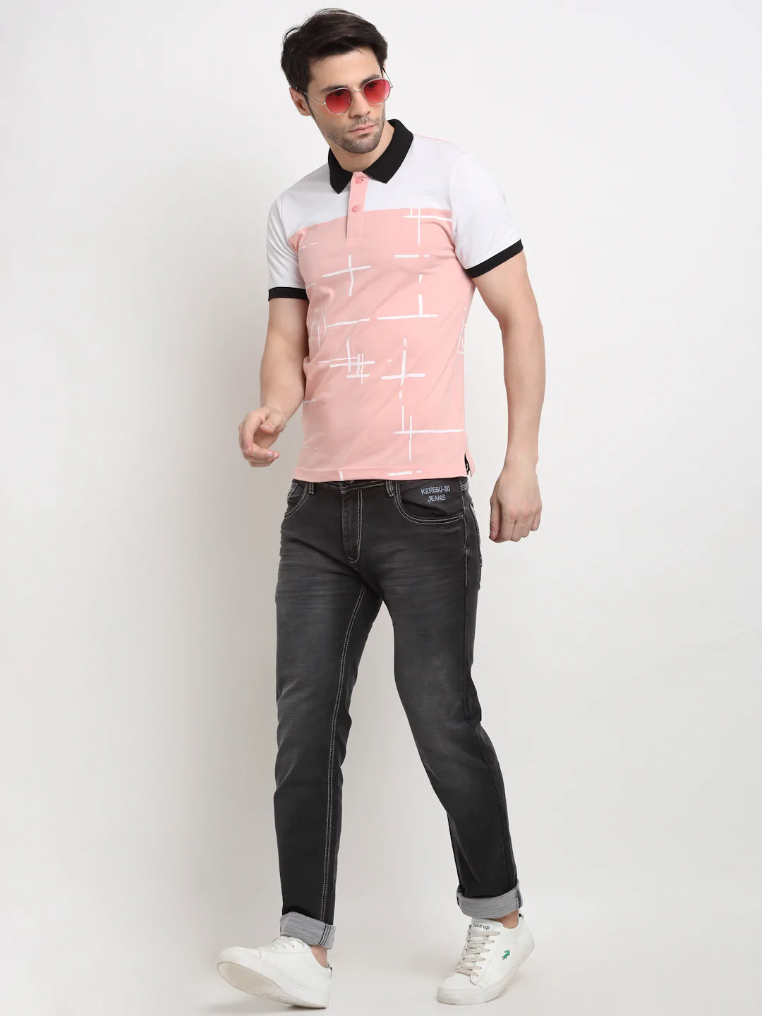 Men Pink Striped Polo Collar Slim Fit T-shirt