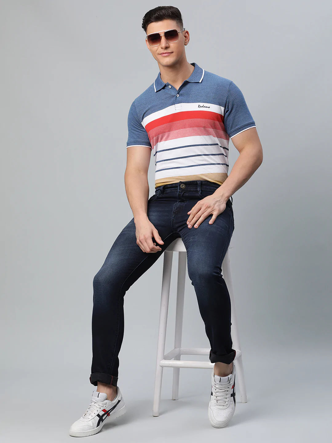 Men White  Blue Striped Polo Collar Slim Fit T-shirt