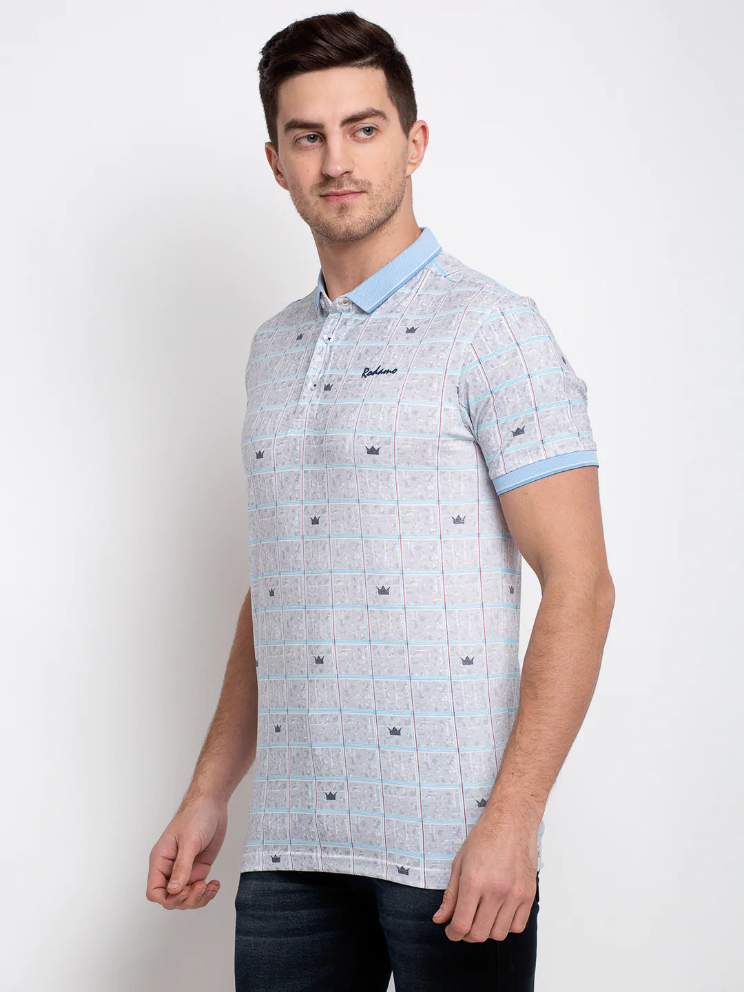 Men Grey Self Design Polo Collar T-shirt