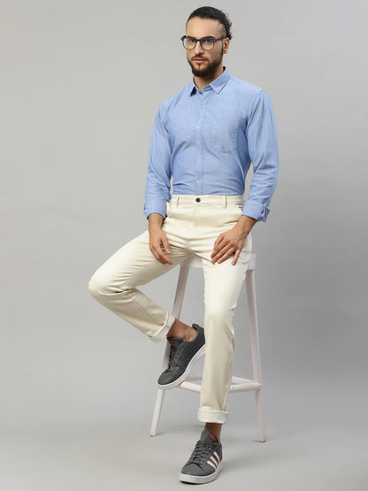 Men Blue Solid Slim Fit Cotton Casual Shirt