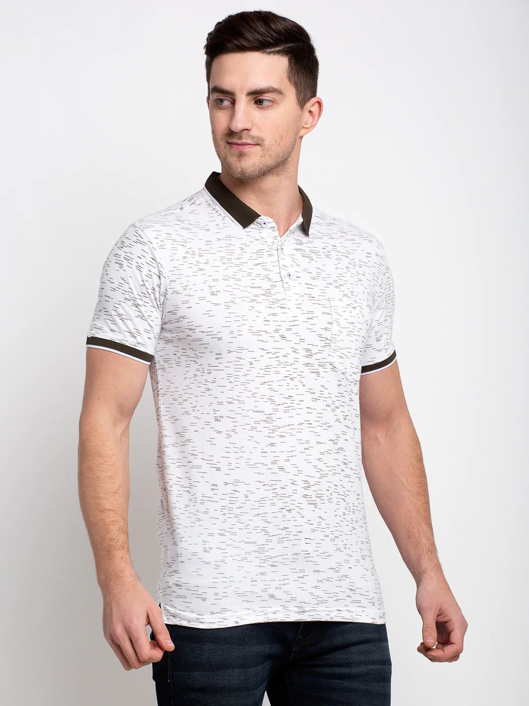 Men White Printed Polo Collar T-shirt
