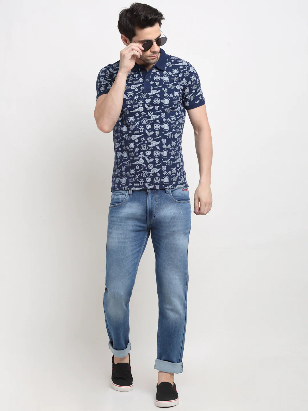 Men Navy Blue  White Printed Polo Collar Slim Fit T-shirt