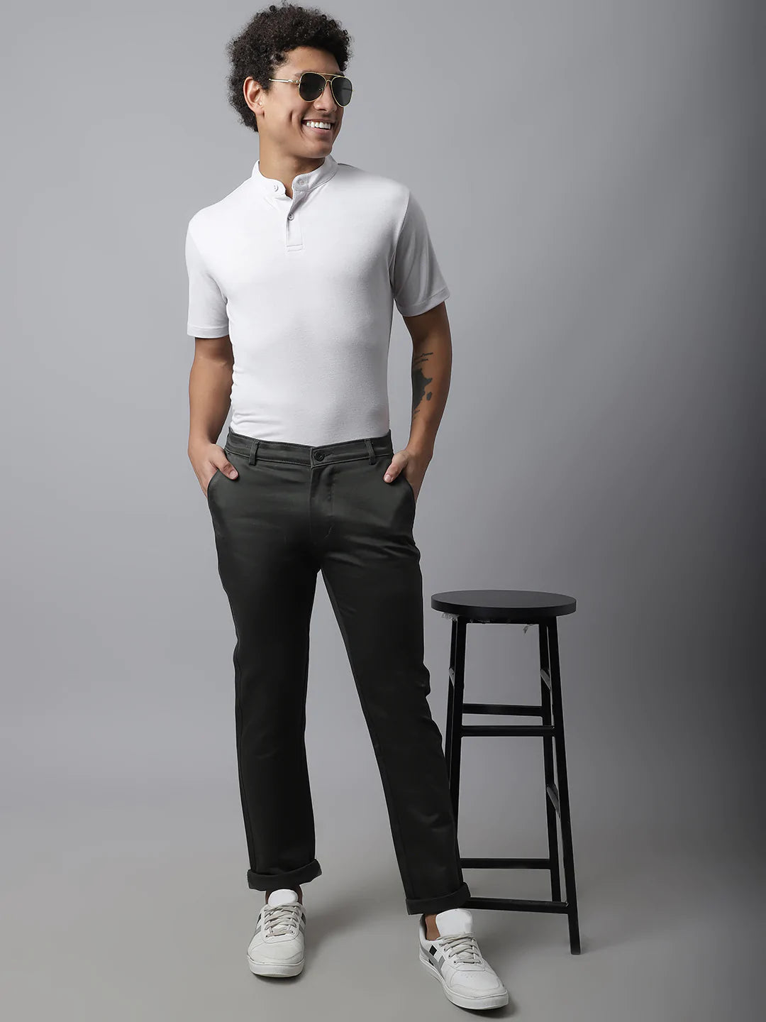 Men Green Slim Fit Regular Cotton Trouser