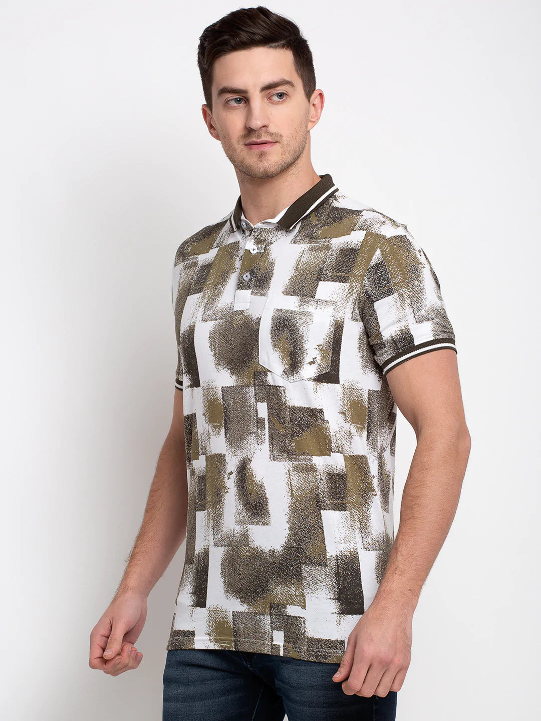 Men White  Olive Green Printed Polo Collar T-shirt