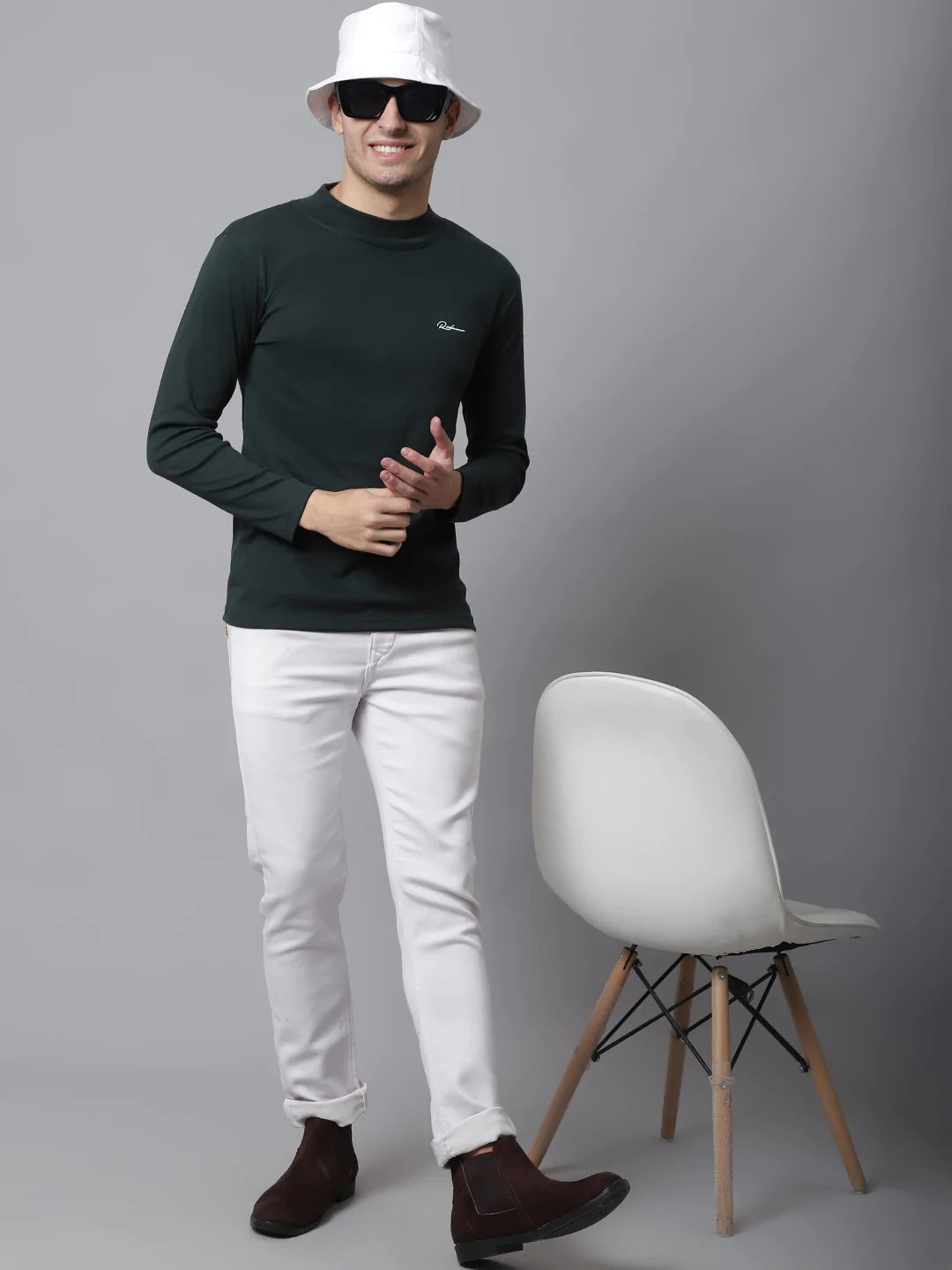 Men Green Cotton High Neck Solid Slim Fit T-shirt