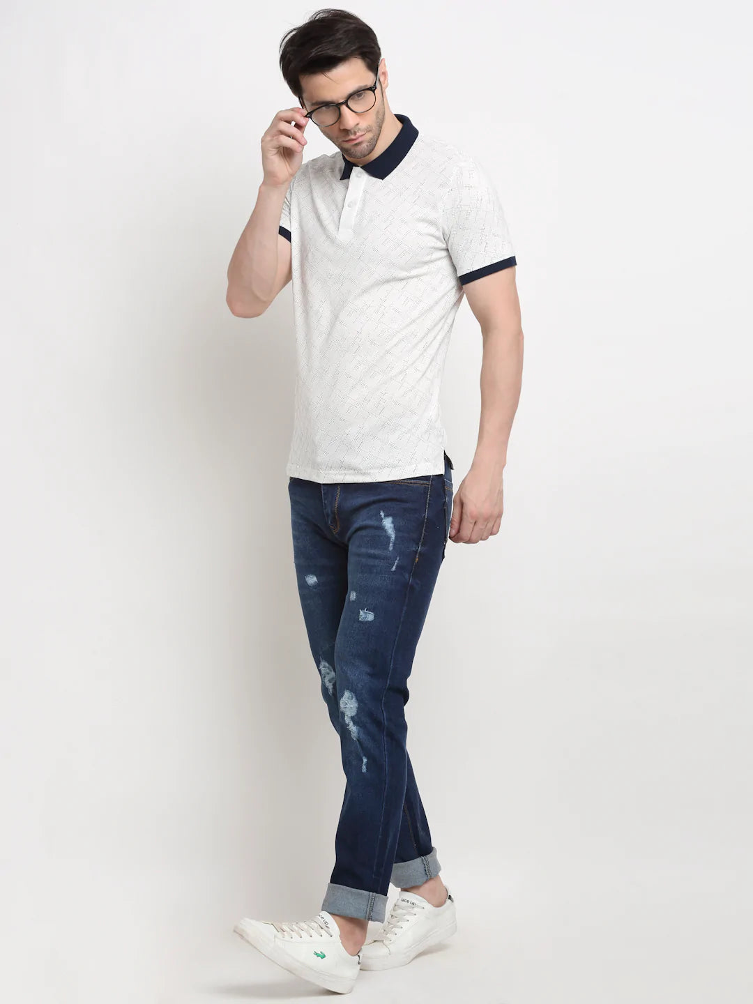Men White  Black Printed Polo Collar Slim Fit T-shirt