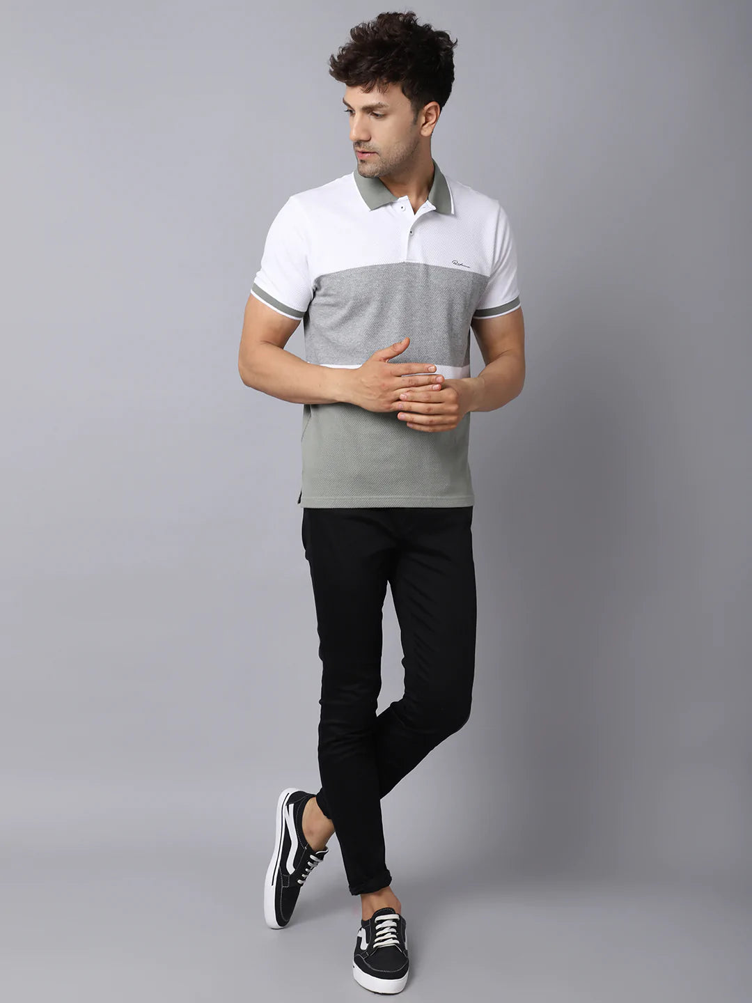 Men White  Grey Striped Polo Collar Slim Fit T-shirt