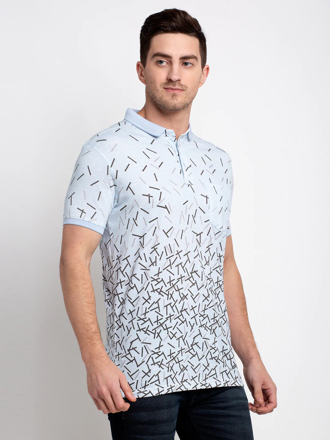 Men Blue Printed Polo Collar T-shirt