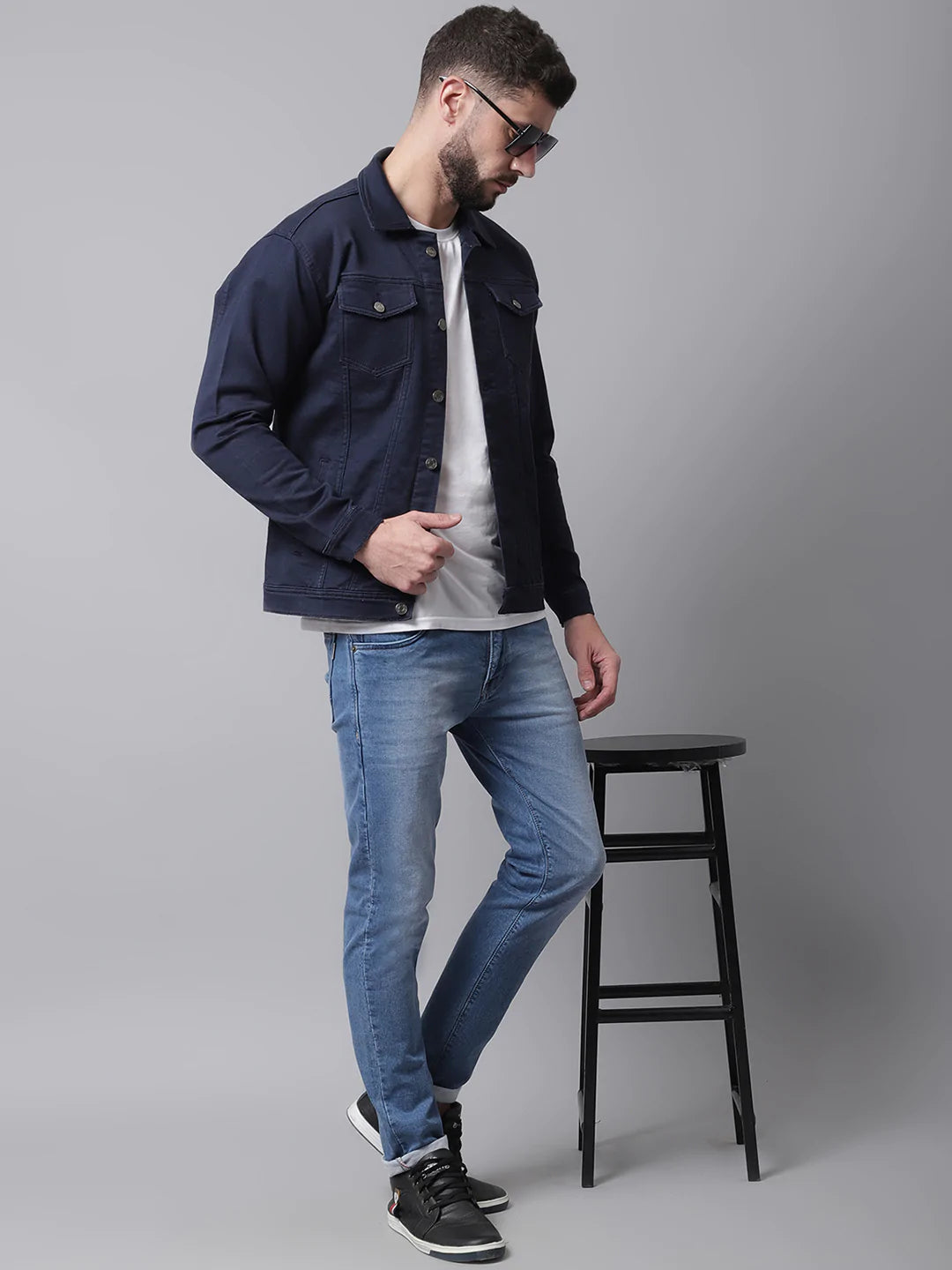 Men Navy Blue Denim Cotton Jacket with Patchwork
