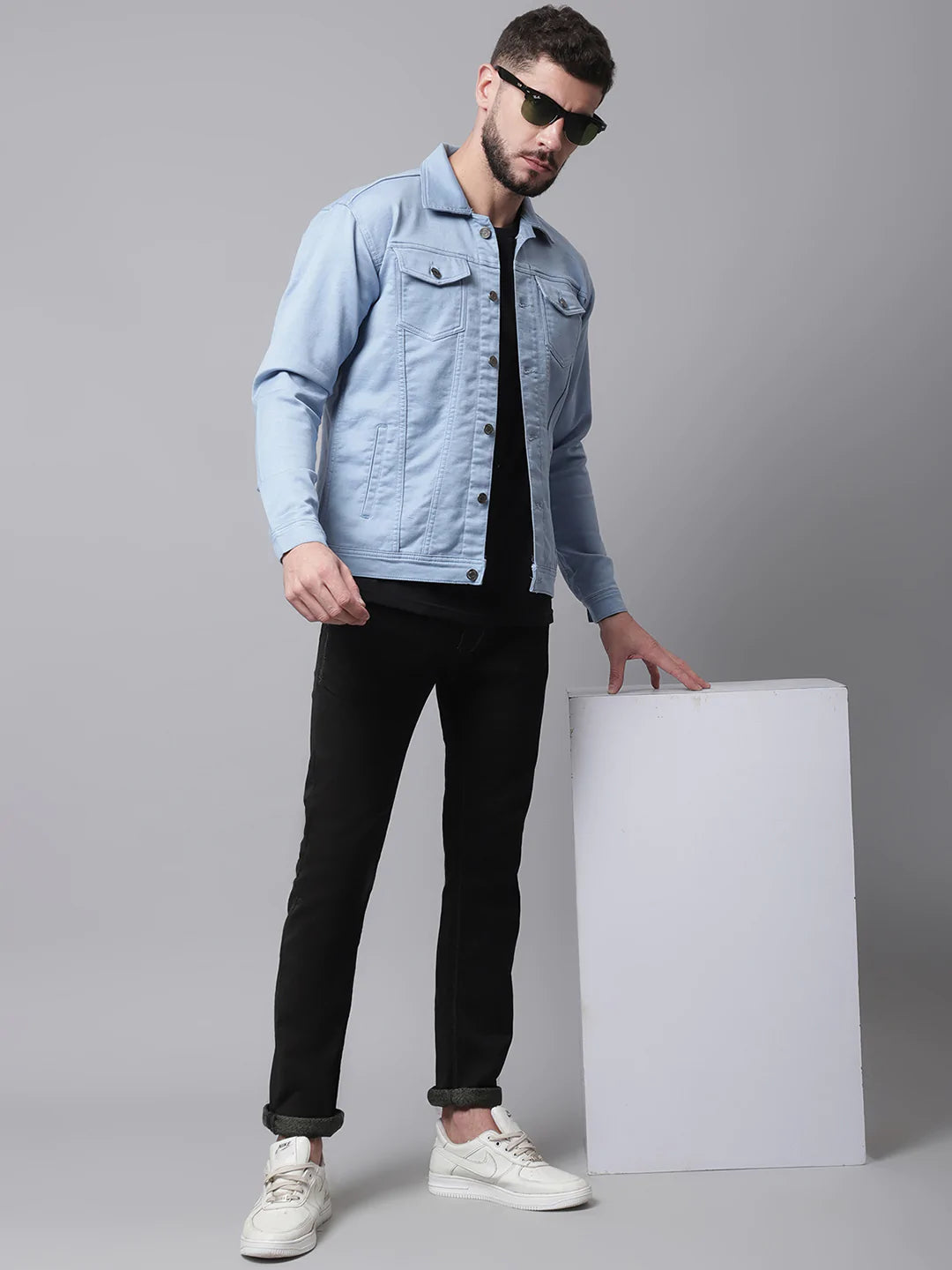 Men Blue Denim Cotton Jacket with Patchwork