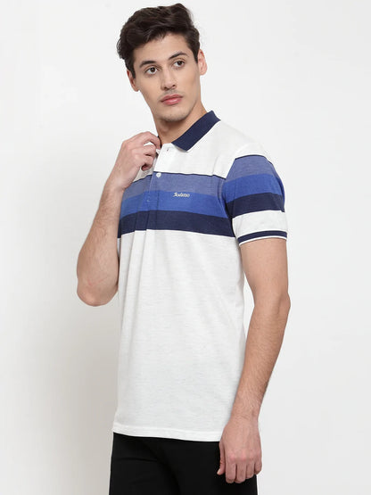 Men White  Blue Striped Polo Collar T-shirt