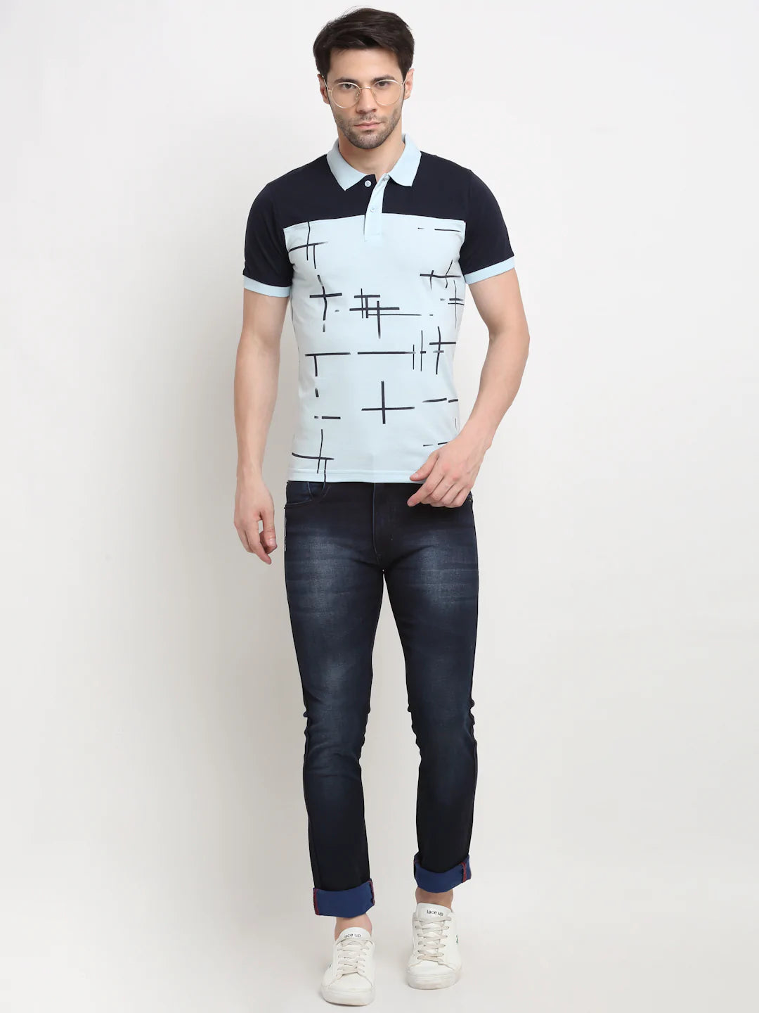 Men Blue Colourblocked Polo Collar Slim Fit T-shirt