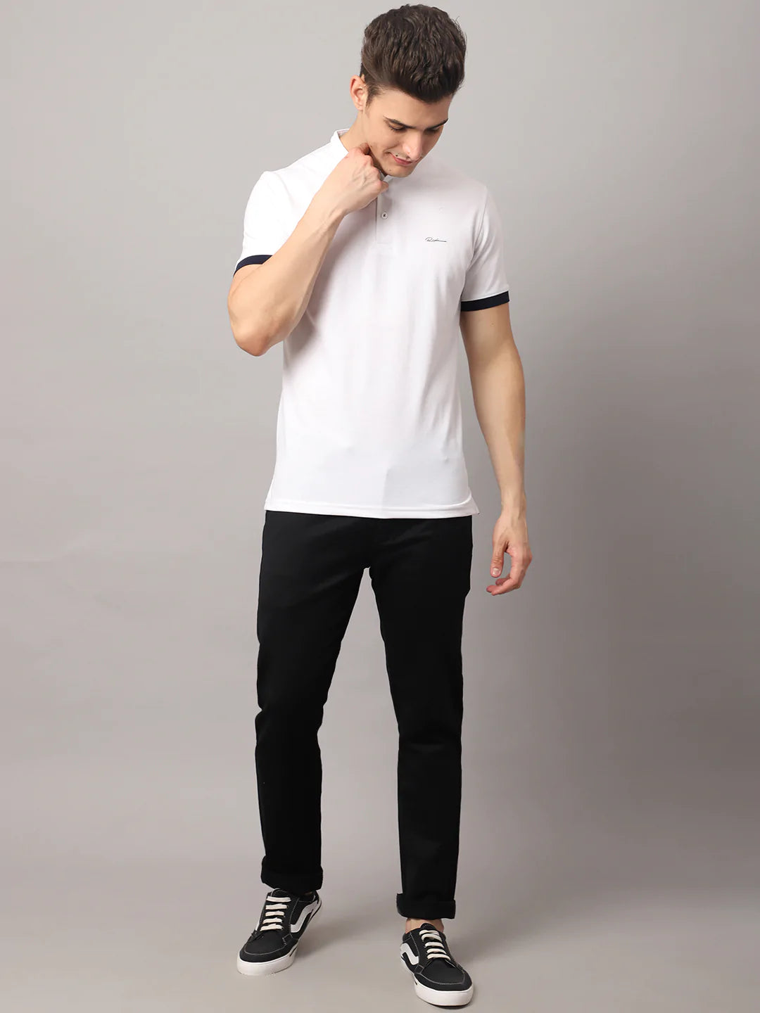 Men White Mandarin Collar Slim Fit T-shirt