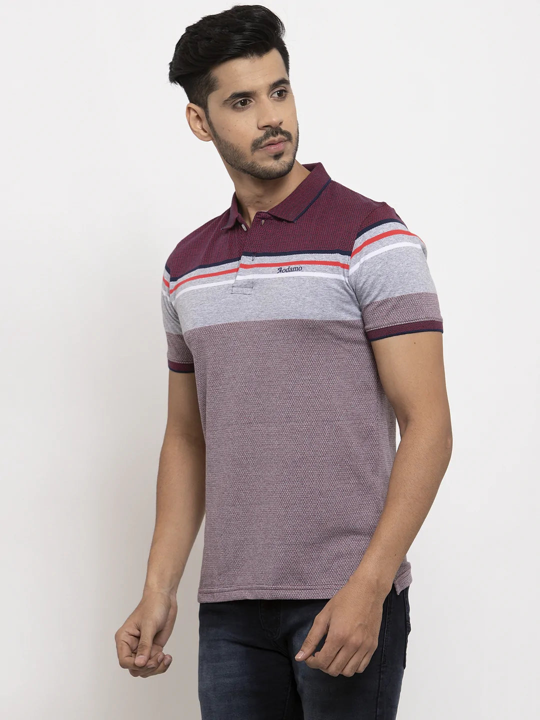Men Maroon  Grey Slim Fit Striped Polo Collar T-shirt