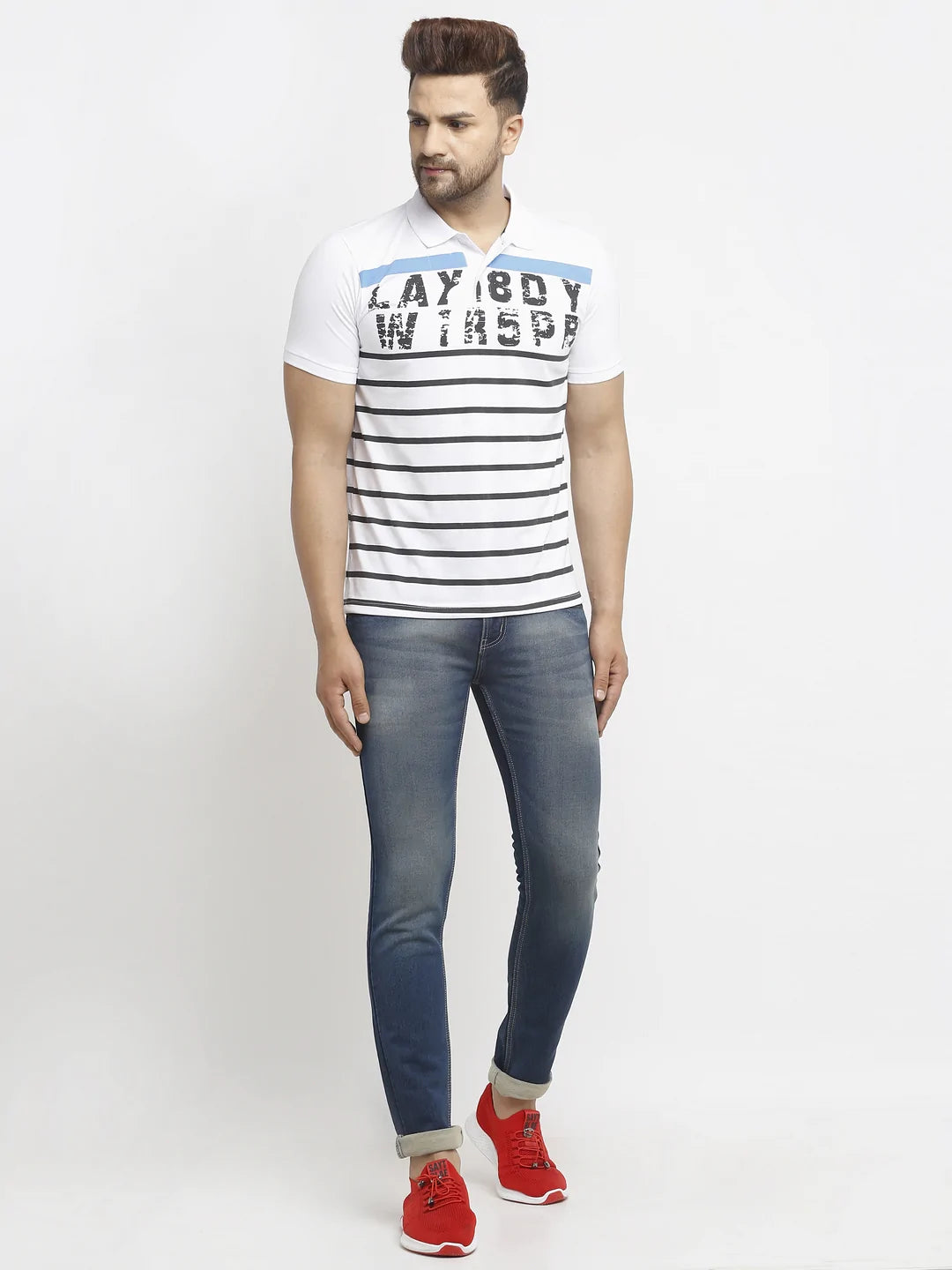 Men White Printed Polo T-Shirts