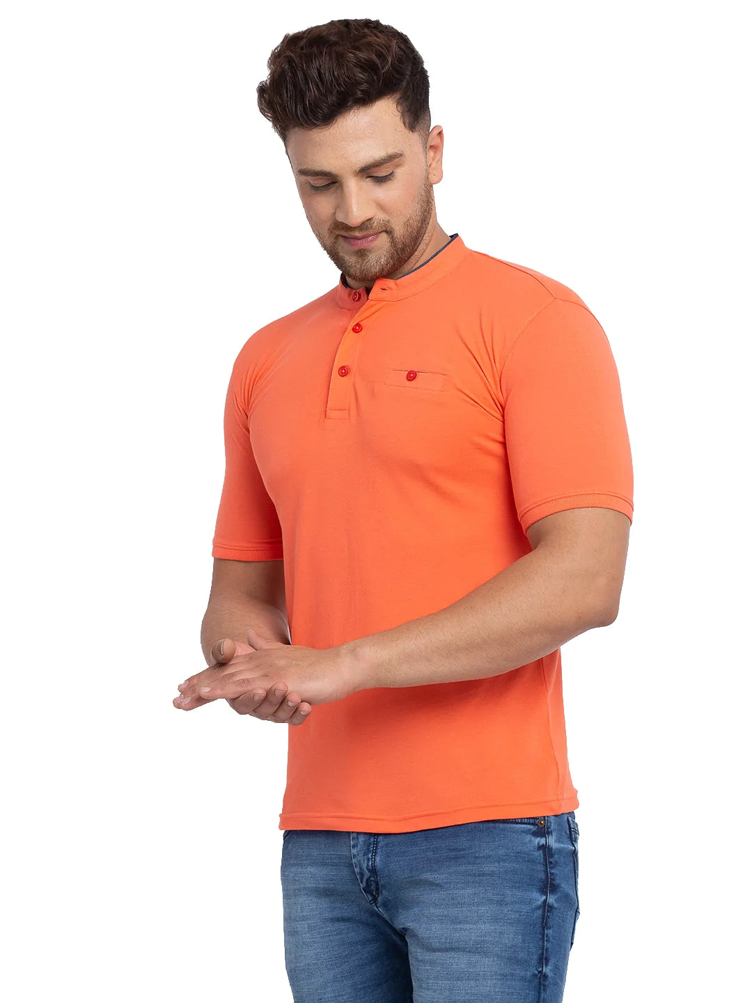Men Orange Solid Henley Neck Cotton T-shirt