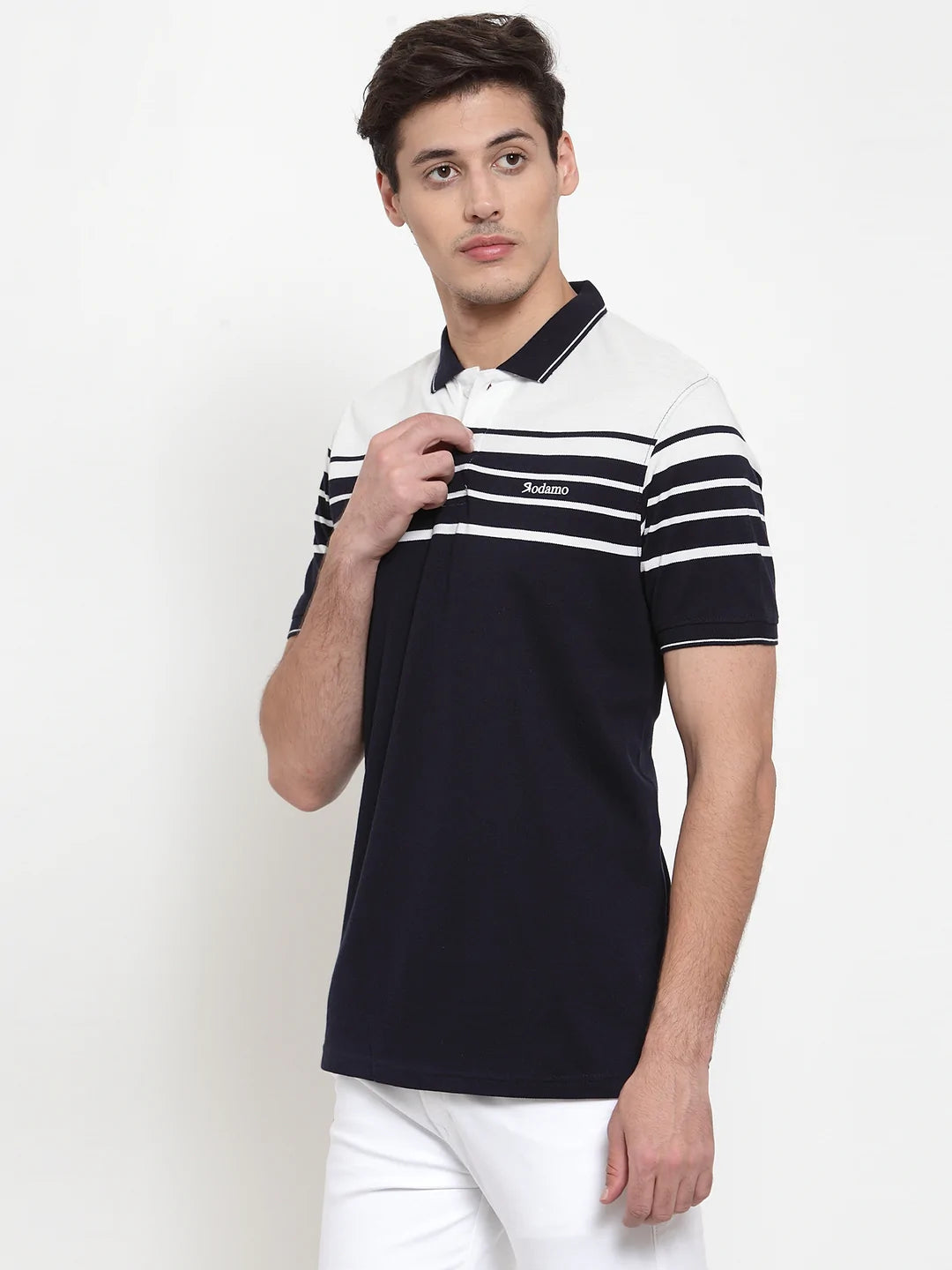 Men Navy Blue Striped Polo Collar T-shirt