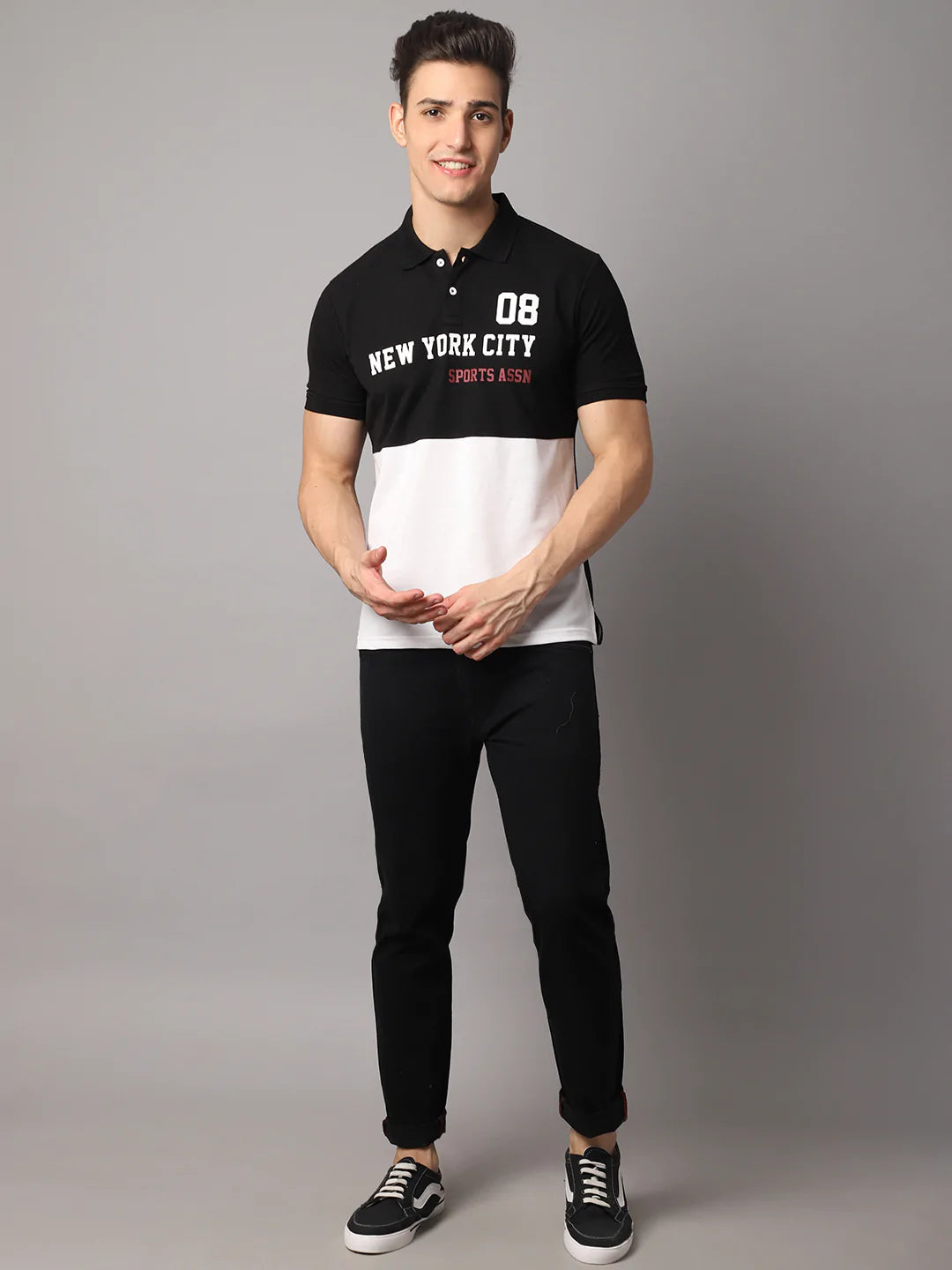 Men Black Typography Polo Collar Slim Fit T-shirt