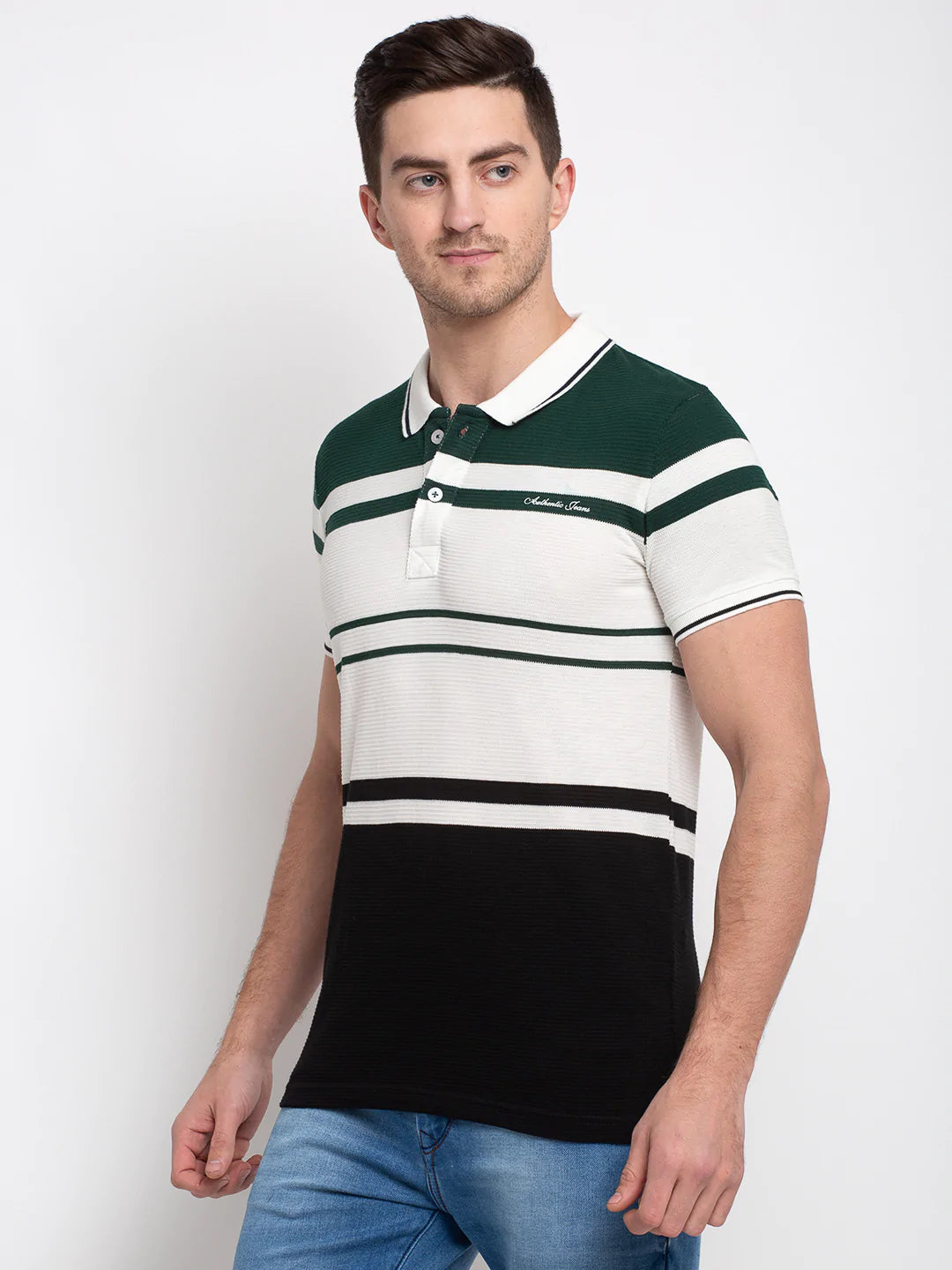 Men Green  White Striped Polo Collar T-shirt
