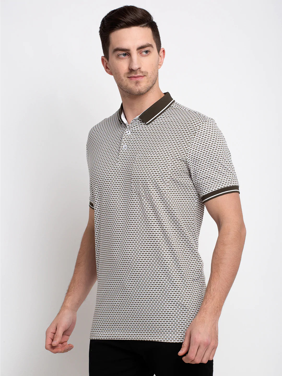 Men White  Olive Green Printed Polo Collar T-shirt
