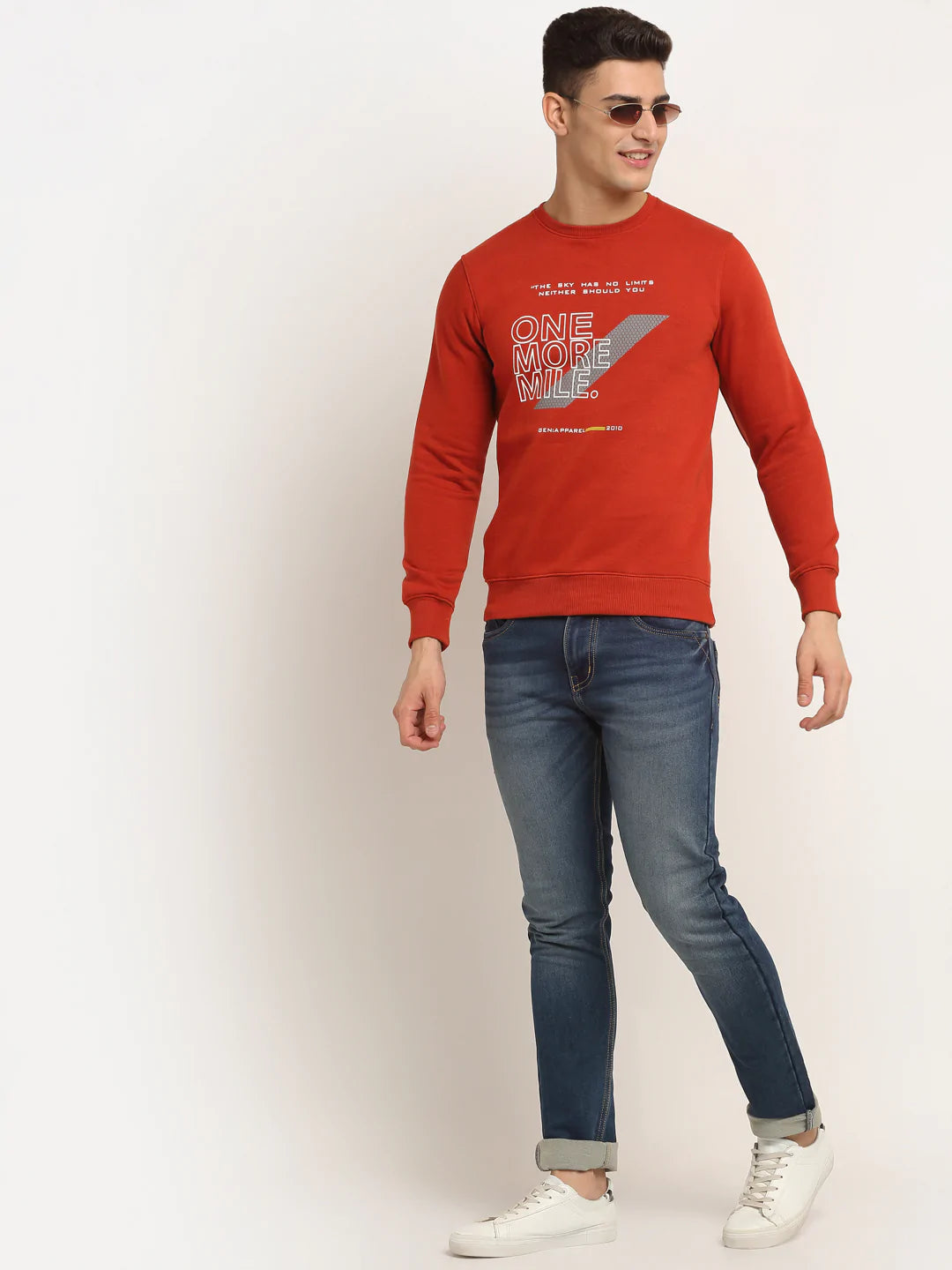 Men Red Typography Printed Round Neck Fleece Sweatshirt