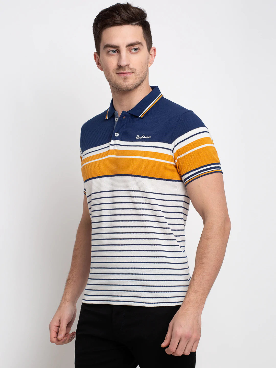 Men Multicoloured Striped Polo Collar T-shirt