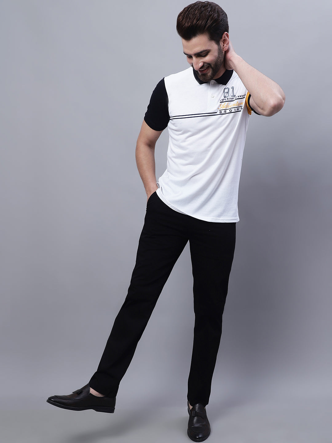 Typography Printed Polo Collar Slim Fit Cotton T-shirt