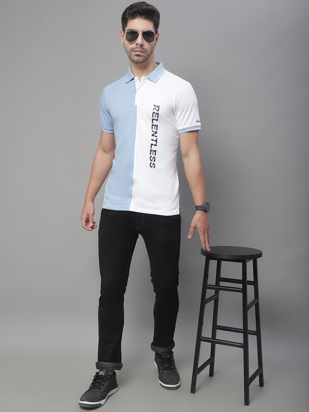 Colourblocked Polo Collar Cotton Slim Fit T-shirt
