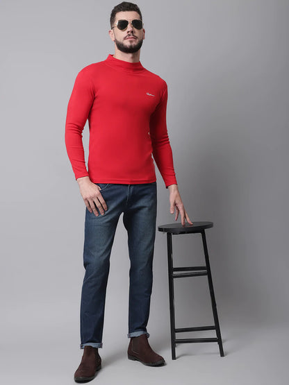 Men Red High Neck Slim Fit Cotton T-shirt
