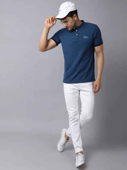 Men Blue Mandarin Collar Cotton Slim Fit T-shirt