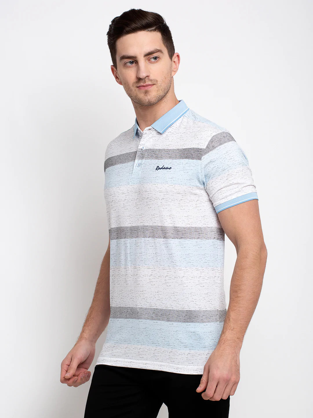 Men Blue Slim Fit Striped Polo Collar T-shirt