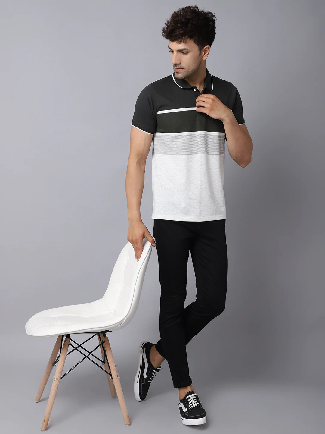 Men Black Striped Polo Collar Slim Fit T-shirt