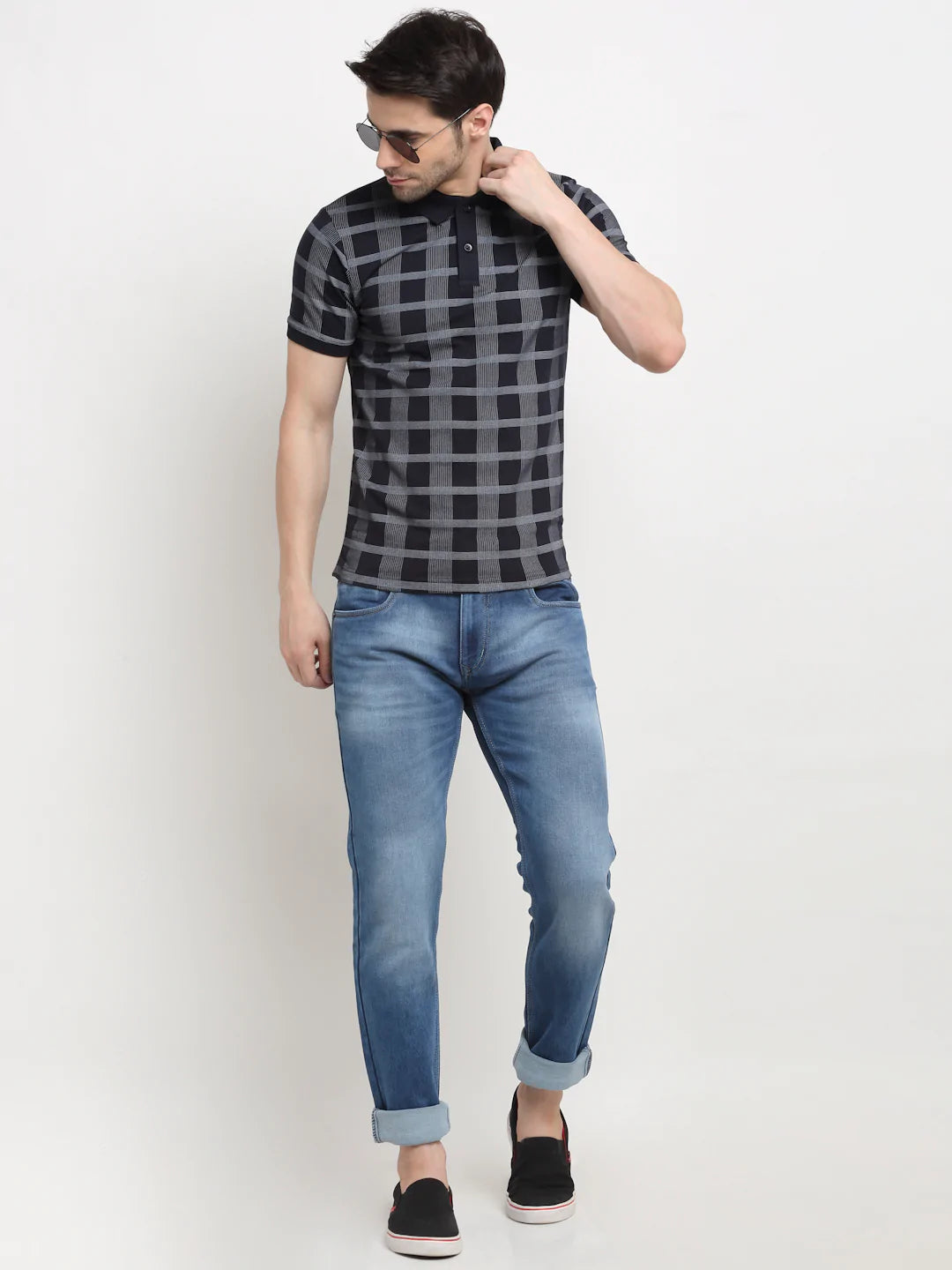 Men Dark Navy Blue Checked Polo Collar Slim Fit T-shirt