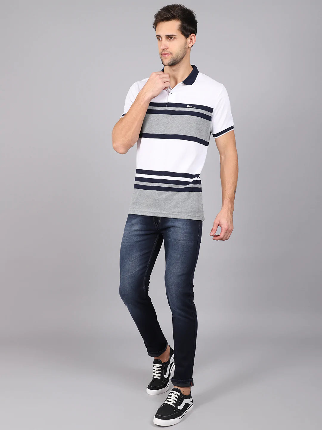 Men White  Blue Striped Polo Collar Slim Fit T-shirt