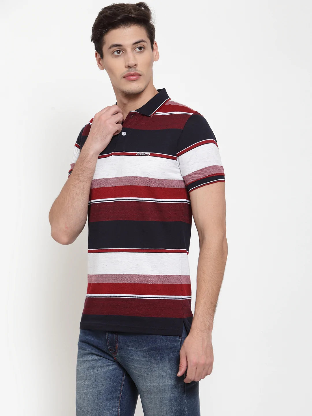 Men Maroon  Navy Blue Striped Polo Collar T-shirt