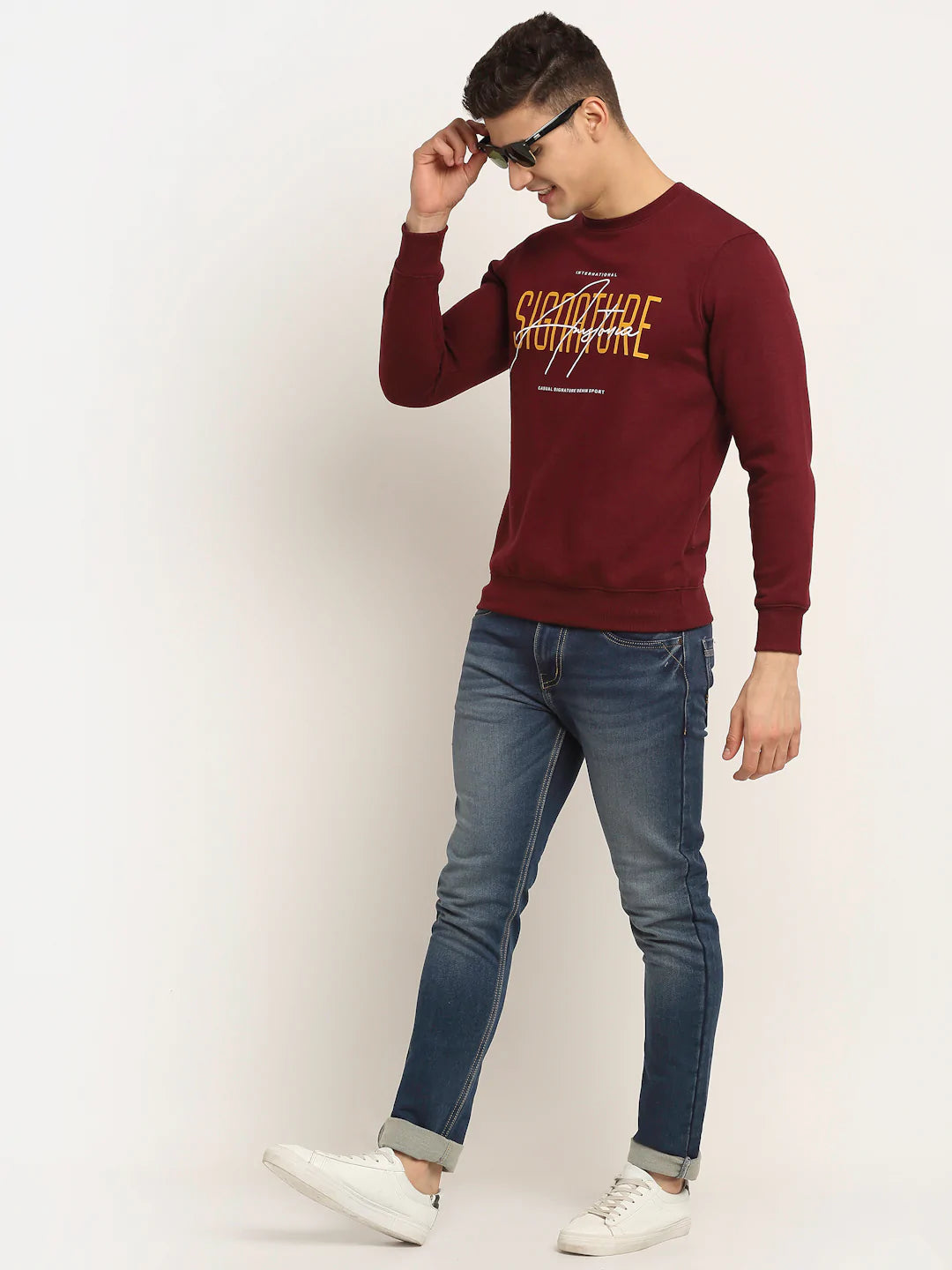 Men Maroon Printed Fleece Sweatshirt