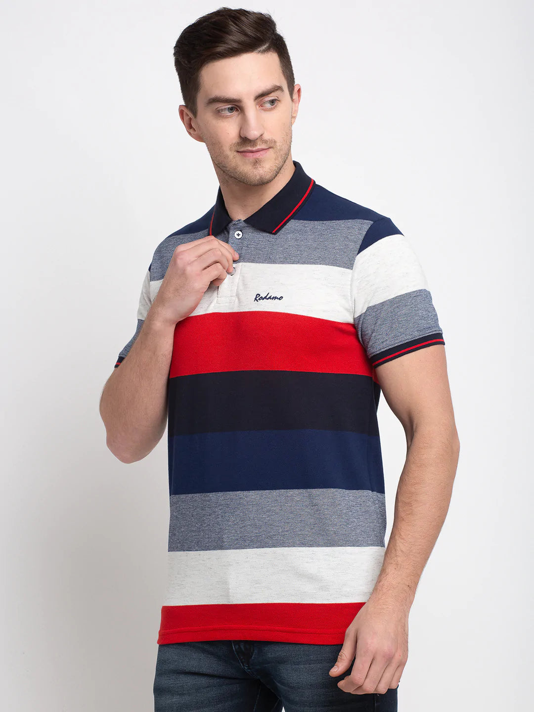 Men Multicoloured Striped Polo Collar T-shirt