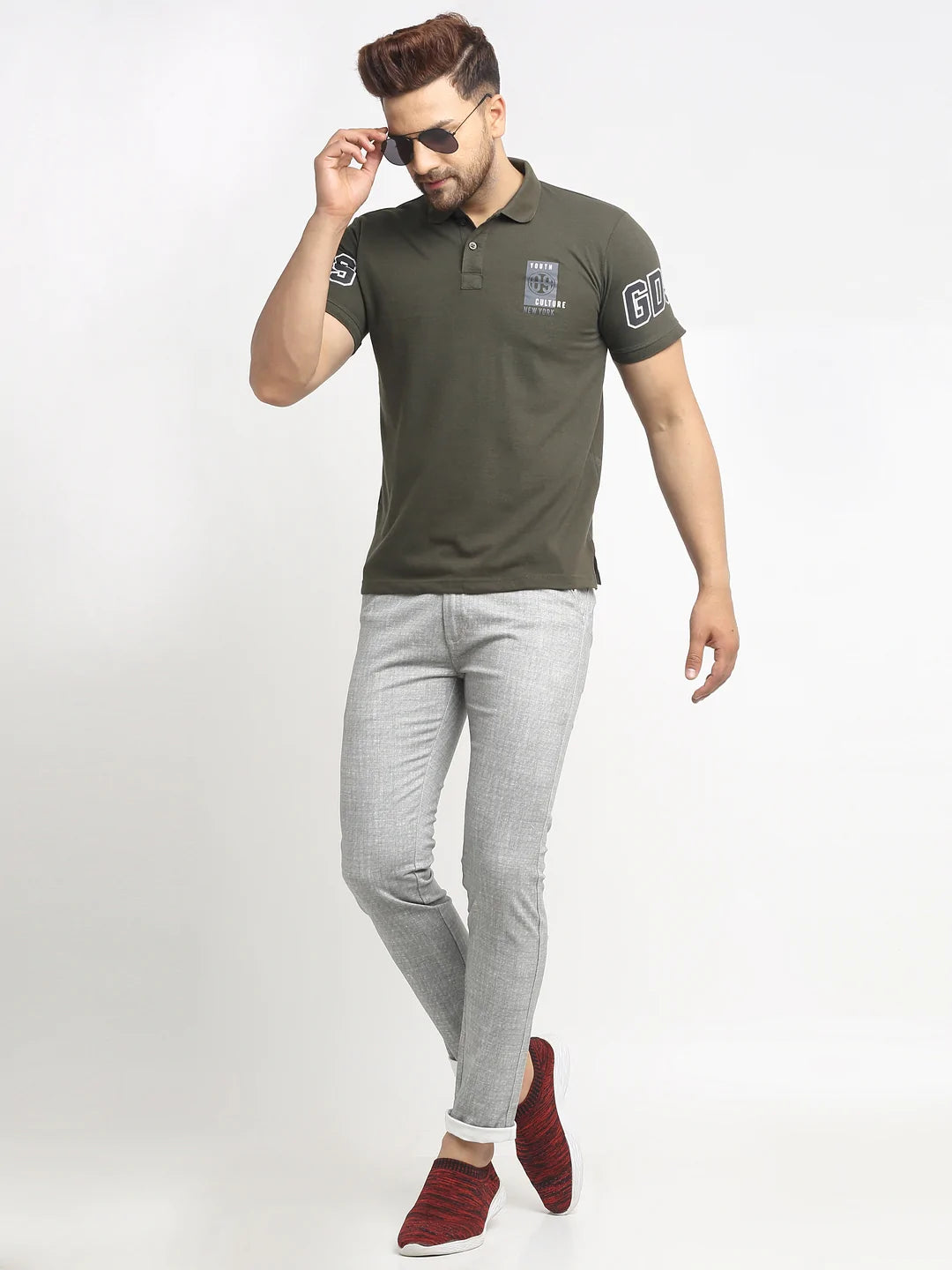 Men Olive Printed Polo T-Shirts