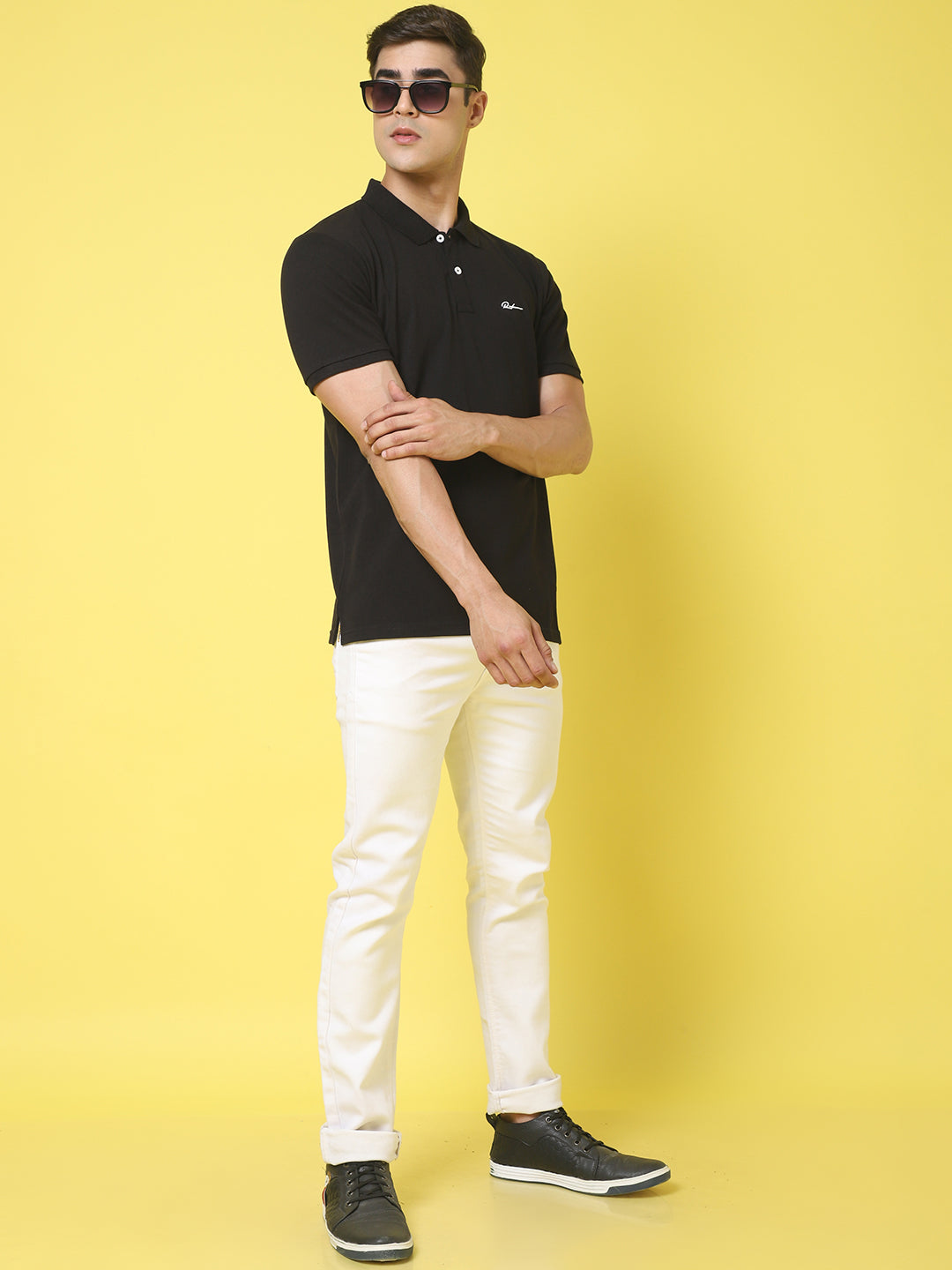 Polo Collar Black Slim Fit Cotton T-Shirt