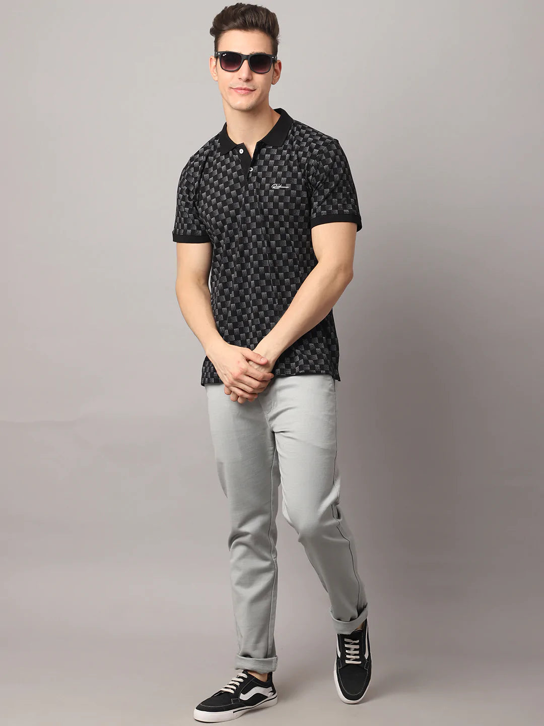 Men Black Printed Polo Collar Slim Fit Cotton T-shirt